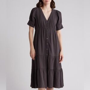 Madewell Gray Smocked Puff Sleeve Midi Dress